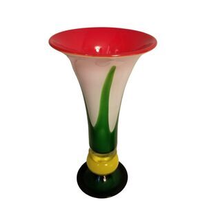 Modern Blown Glass Art Vase Bold Red Yellow Green White 12" Pulpit Calla Lily